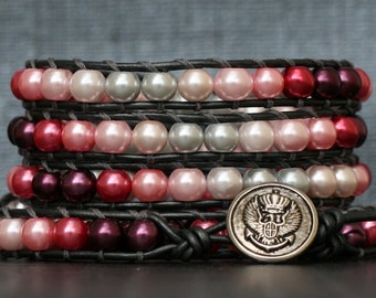 wrap bracelet- pink ombre glass pearls on pewter leather - breast cancer gift - beaded - boho gypsy bohemian