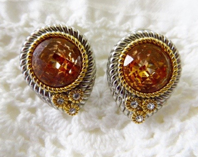 Amber Faceted Earrings, Silver Gold Pierced, French Clips, Designer Inspired, Classic Elegance