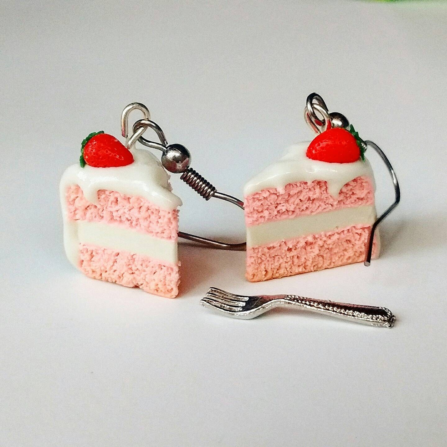 Strawberry Cake Earrings with Vanilla Icing Handmade Polymer