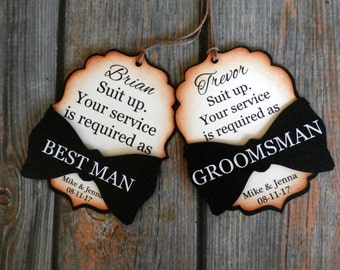 Suit up. Your service is required as Groomsman | Best Man | Usher | Officiant | Groomsmen Proposal | Bow Tie Favor Tag | Gift Tag