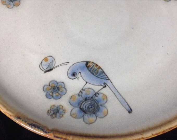 Ken Edwards Tonala Plate Blue, Birds & Flowers, Mexican Folk Art, Vintage Pottery Dish Dinnerware