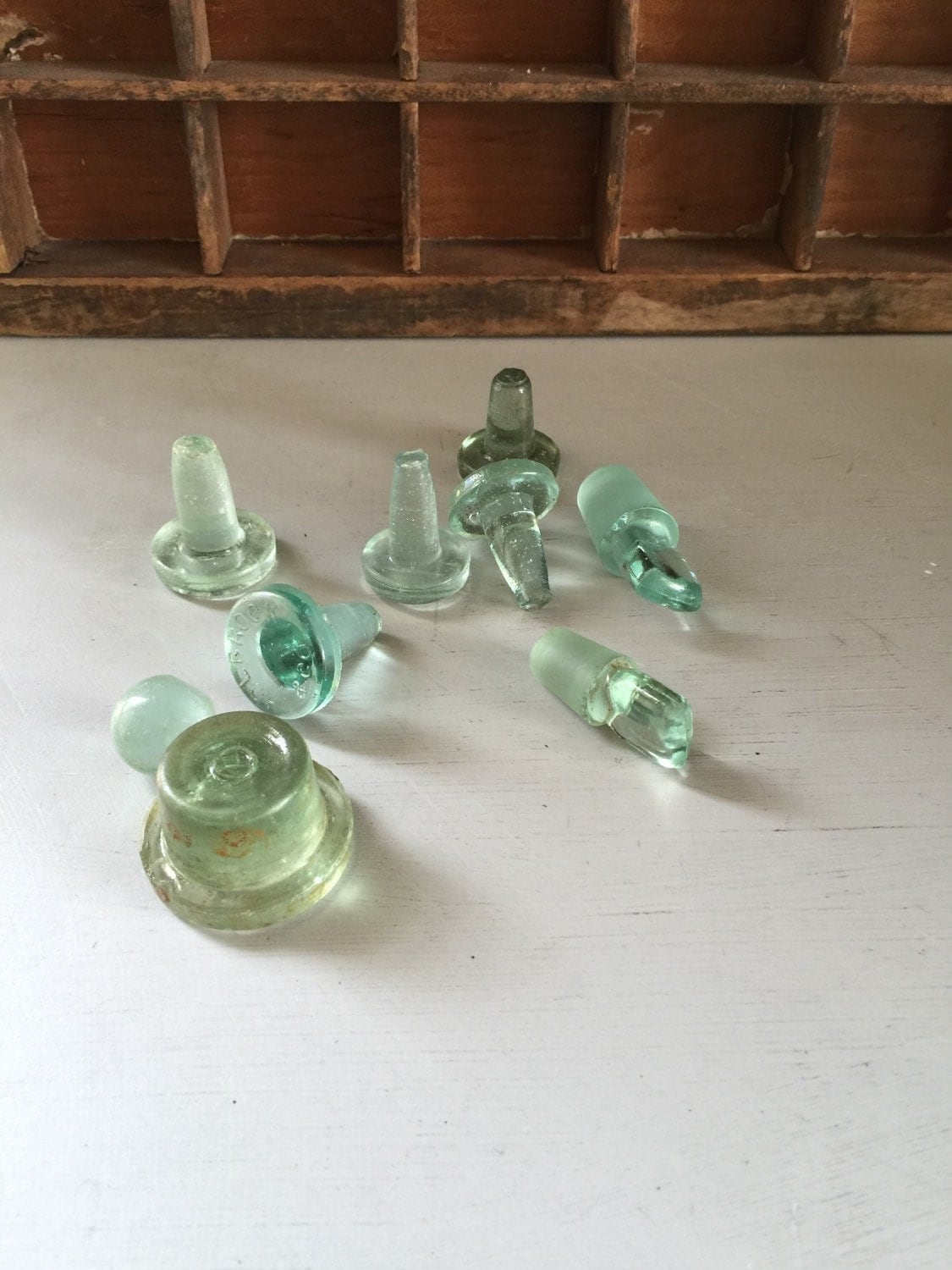 Bottle stoppers vintage rustic clear green glass x 9 beach