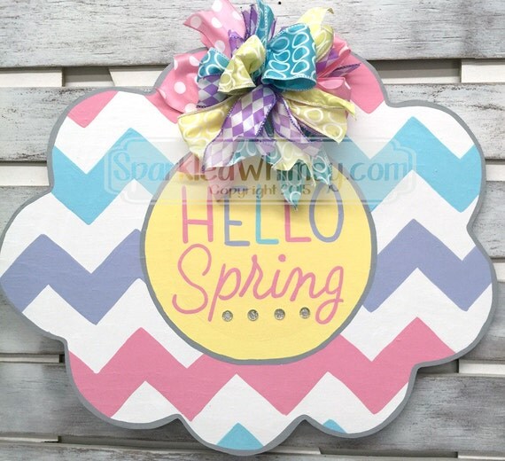Spring Door Hanger Chevron Hello Spring with Bling