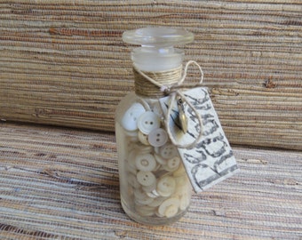 Vintage Pearl Button Treasure Bottle by Redone, Vintage Pyrex Science Bottle with Ground Glass Stopper