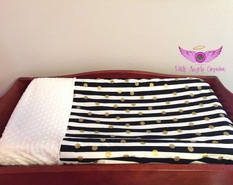 Black, White and Gold Dot and Stripe and White Minky Changing Pad Cover