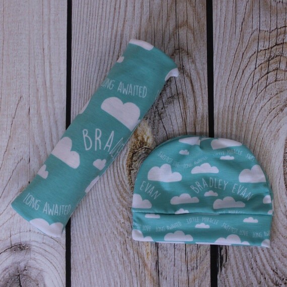 Personalized baby hat and swaddle blanket set by AudreysBear