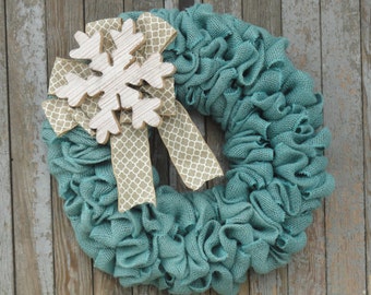 Winter Burlap Wreath, Snowflake Wreath, Snow Wreath, Turquoise and White Burlap Winter Wreath, Christmas Burlap Wreath, Turquoise Christmas