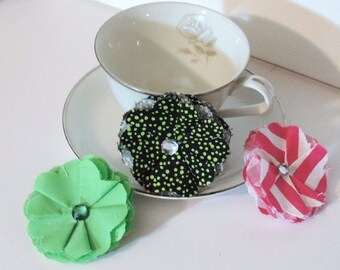 Fabric flowers with rhinestone centers - 3 inch - set of 3