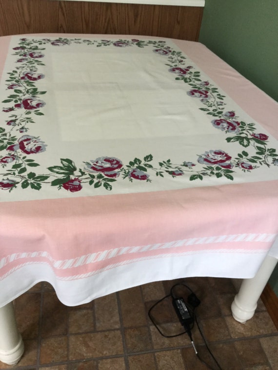 Vintage Tablecloth Pink White Floral