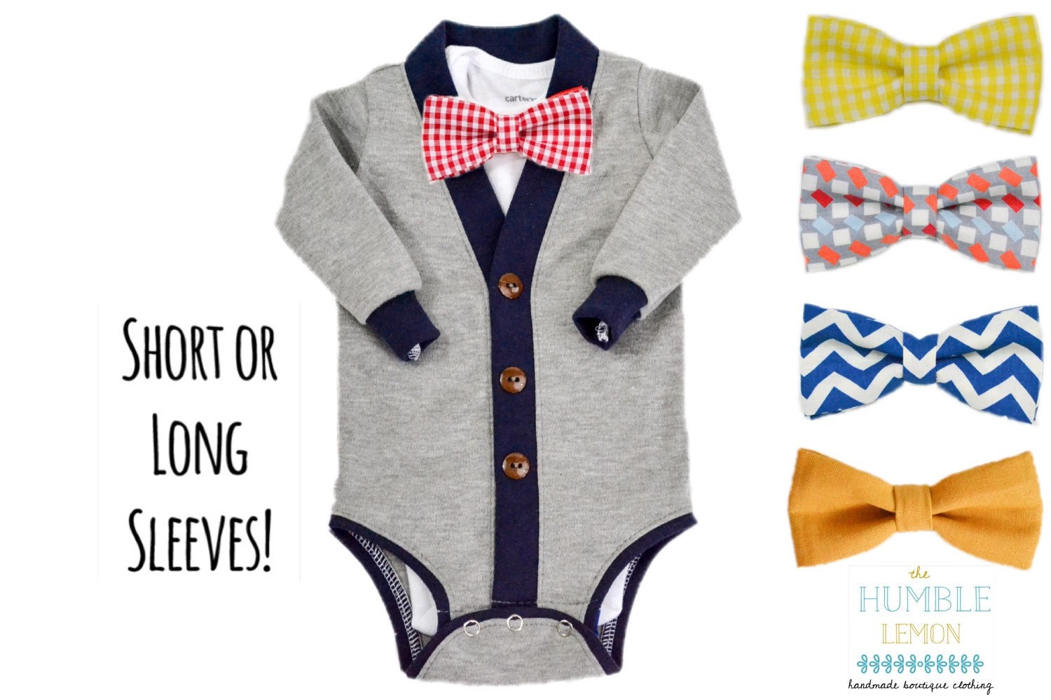 Preppy Baby Cardigan and Bow Tie Set Gray and Navy Blue with