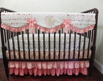 Custom Baby Girl Bedding Set Tiana - Coral Baby Bedding, Girl Crib Bedding, Arrow Baby Bedding, Crib Rail Cover, Ruffle Skirt
