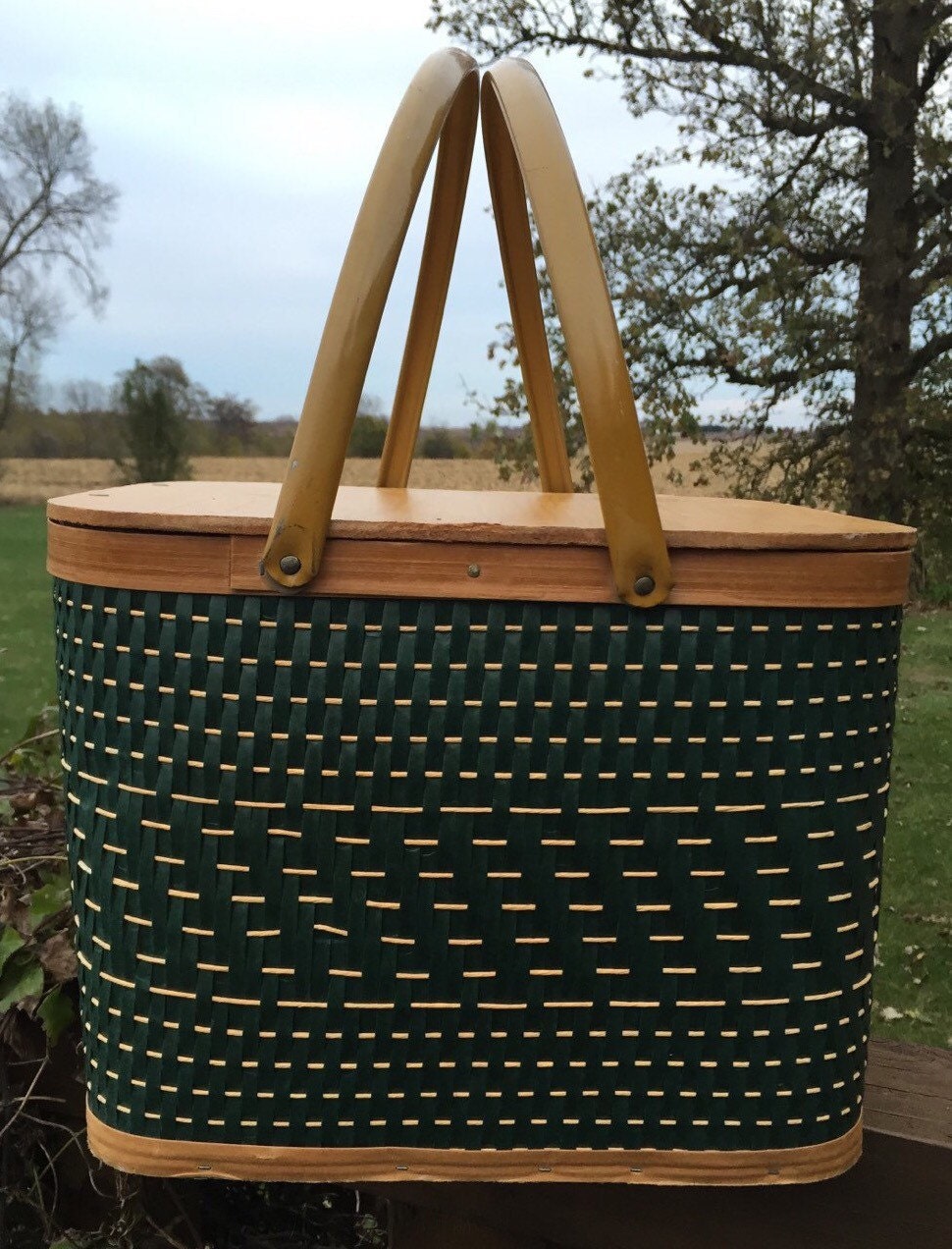 Vintage picnic basket, vintage green and brown weave Picnic basket