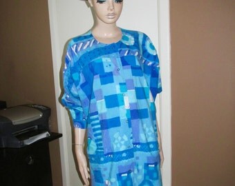 Vintage hand-printed,hand made, oversized cotton shirt.Vintage cotton shirt.Collarless blue cotton shirt.