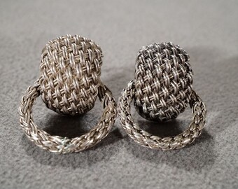 Vintage Sterling Silver Raised Relief Interwoven Braided Design Articulated Big Door Knocker Style Dangle Pierced Earrings #132 **RL