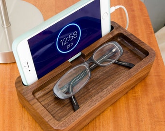 Lacquered Walnut iPhone Dock - Small Nightstand Caddy - Wood Charge Station