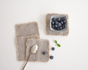 Set of 4 Natural Stone Washed Linen Coasters with Fringes