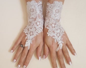 Ivory Wedding gloves bridal gloves lace gloves fingerless gloves ivory gloves french lace silver border gloves free ship
