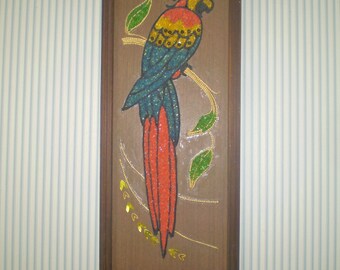 Vintage 1950s gravel art- Parrot gravel picture- Gravel mosaic wall hangings- tropical parrot bird on a branch- colorful parrot art