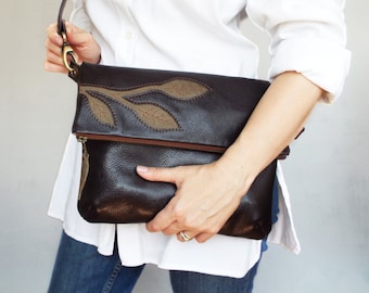 Brown leather crossbody bag. Foldover cross body bag. Brown leather purse.