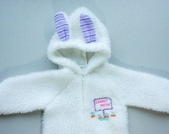 Vintage 80's White Easter BUNNY Costume Fuzzy Fleece Footed Onesie With Hood and Bunny Ears / Layette Infant Girl  / Size Small
