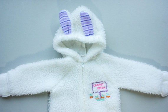 Vintage 80's White BUNNY Halloween Costume Fuzzy Fleece Footed Onesie With Hood and Bunny Ears / Layette Infant Girl  / Size Small