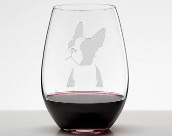 Boston Terrier, Boston Terrier Glass, Boston Terrier Etched Stemless Wineglass
