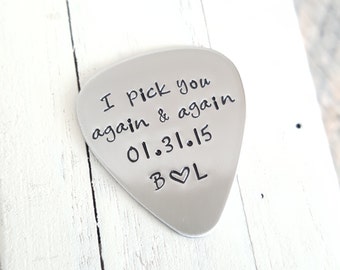 Personalized Hand stamped guitar pick custom 22 gauge stainless steel gift for him or her 11 year anniversary gift wedding gift