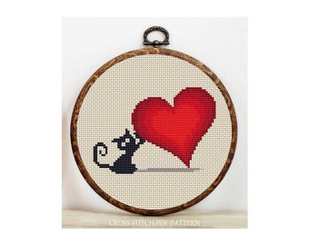 CatandHeart-Cross Stitch Pattern-Pdf-Modern Sampler-Instant Download