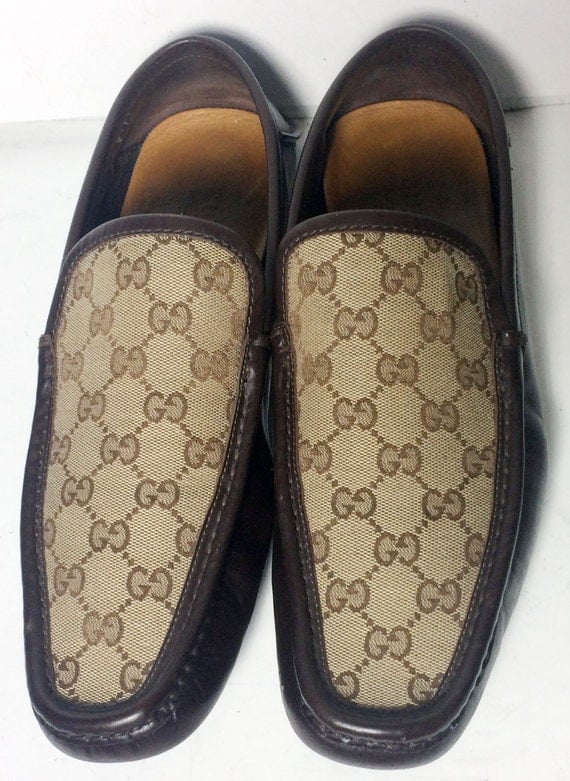 GUCCI Brown Leather & Canvas Loafers Men's Shoes Size 10