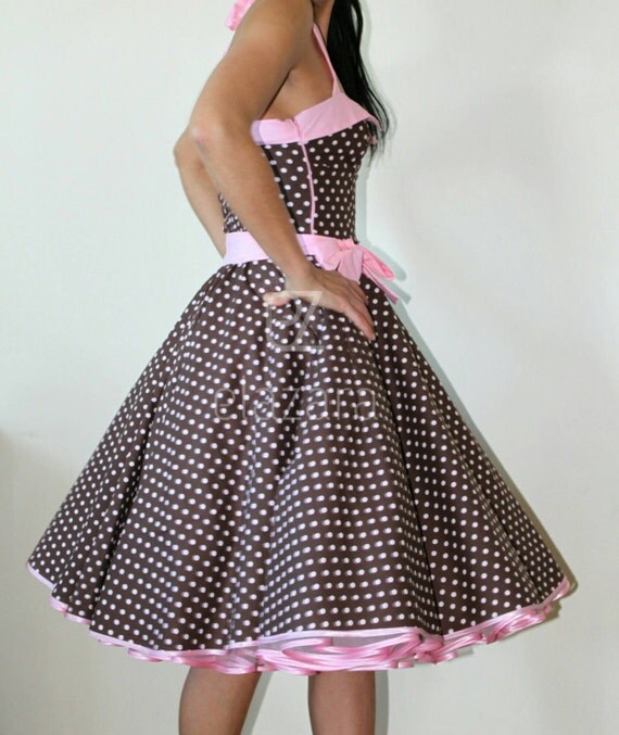 50s petticoat dress rockabilly dress in brown with pink dots