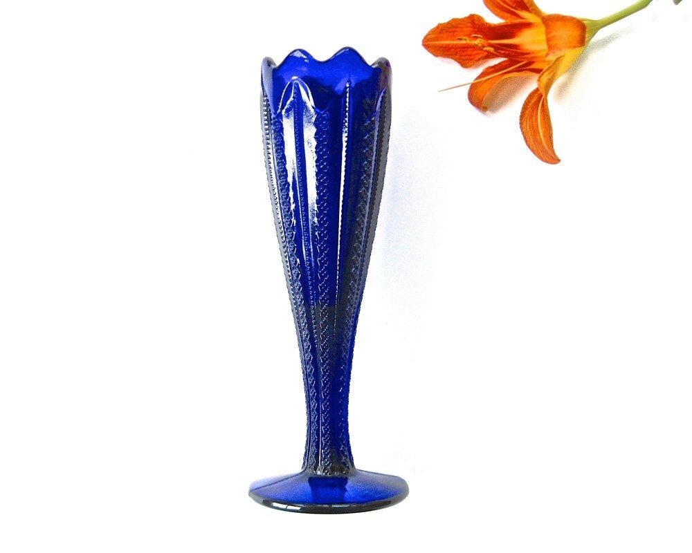 Vintage Cobalt Blue Pressed Glass Vase Duncan Miller Tiffin