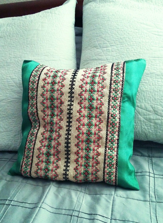 Items similar to Handmade Embroidered Pillow, Hand Stitched Decorative