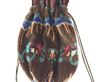 1920s Heavily Beaded Drawstring Silk Lined Purse