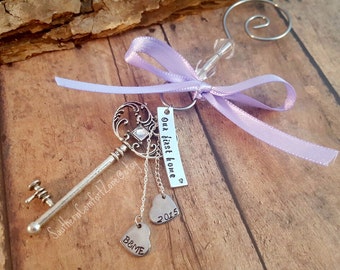 Our First Home Ornament - Christmas Decoration - Key - Personalized - Couple - Mr and Mrs - New House - First Apartment - Hand Stamped