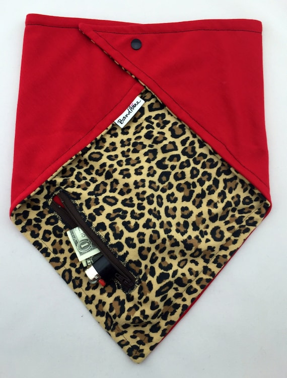 Classic Leopard print Cotton knit and Lipstick Red Knit Reversible Bandana w/ Zippered Stash Pocket