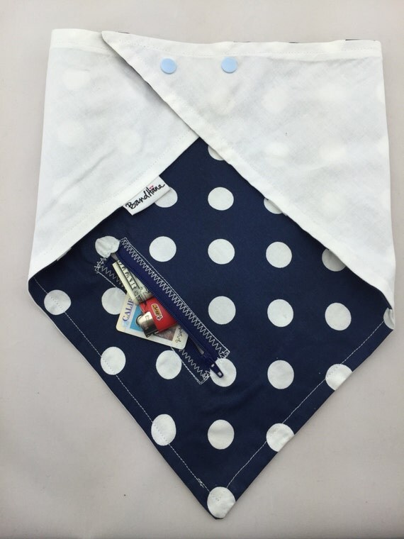 So Fresh/So Clean: White Polka dots on Navy Blue Cotton & White Cotton Reversible Bandana with Zippered Pocket by BandHäna