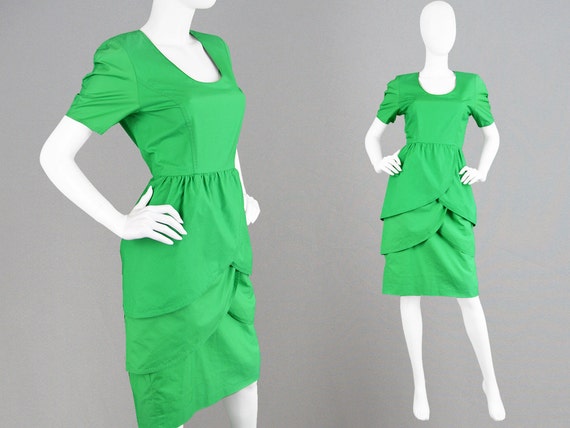 Vintage 80s GUY LAROCHE Boutique Green Cotton Dress Tulip Skirt 80s Designer Dress Layered Dress Made in France Hourglass Dress 1980s Dress