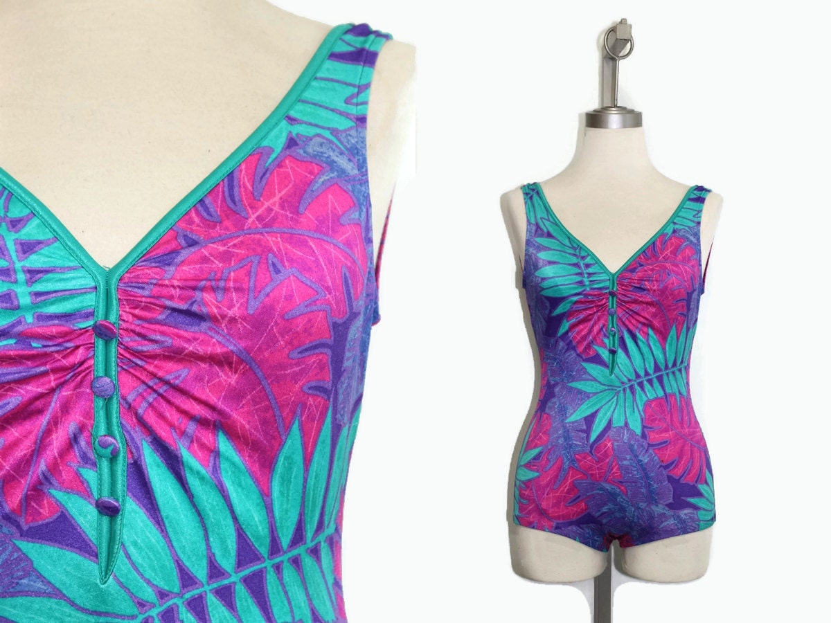 80s One Piece Bathing Suit / full Coverage Swimsuit Luau