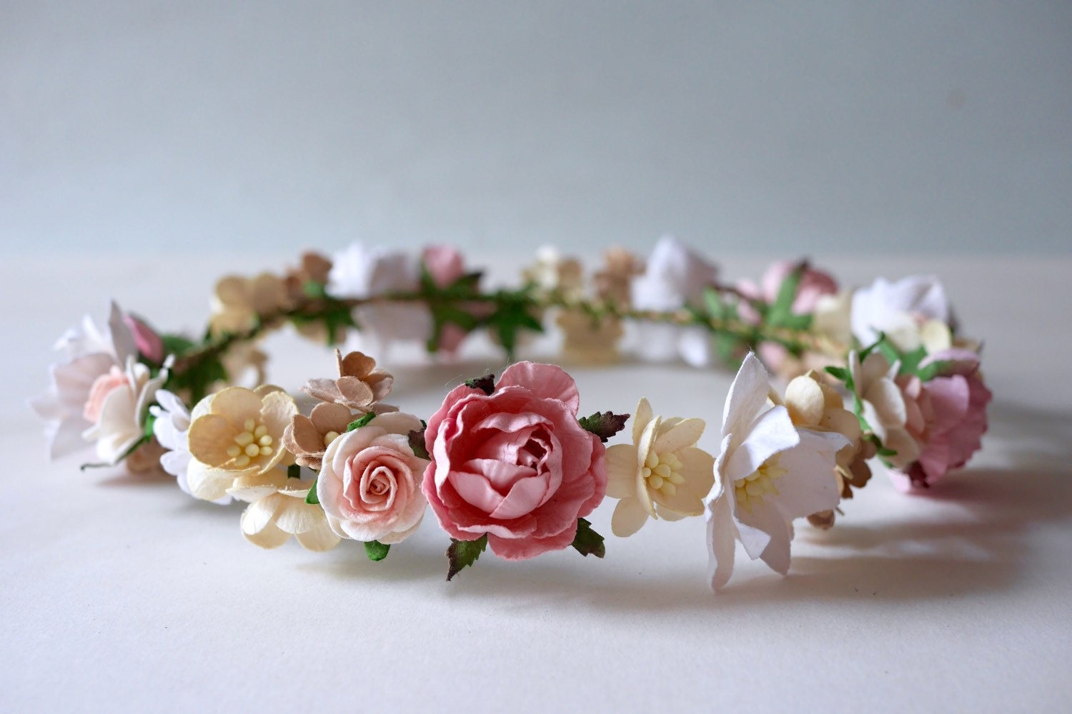 Paper Flower Bridal flower crown headband pink soft by Kamipapa