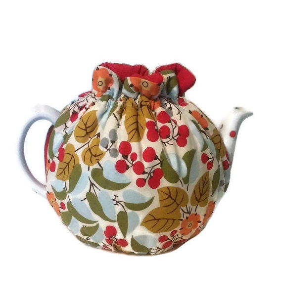 Teapot Cozy tea warmer Cherries Flowers Leaves on White for