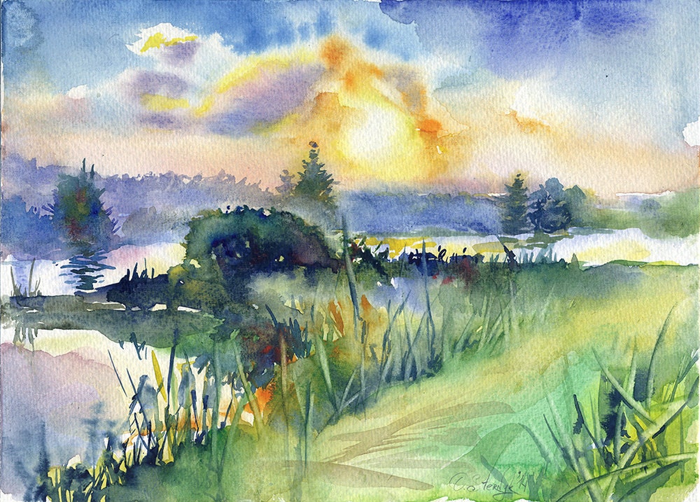 Sunset watercolor painting sun painting print Sunset