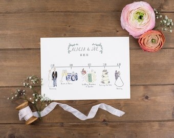 Illustrated Wedding Schedules - schedule of the day with watercolour illustrations - unique wedding stationery