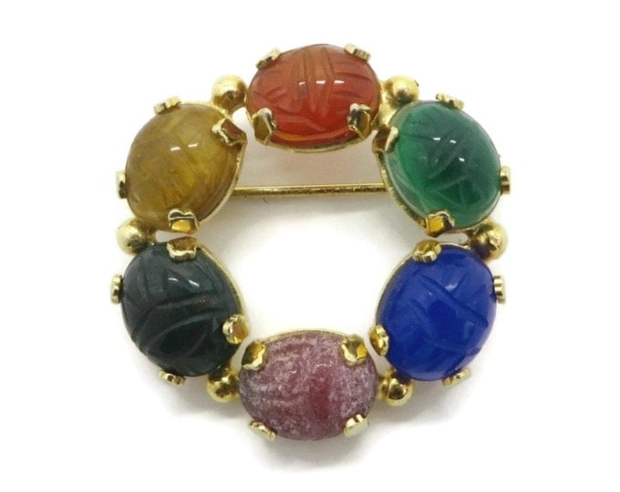 Vintage Burt Cassell Scarab Brooch, 12K Gold Filled Gemstone Circle Pin