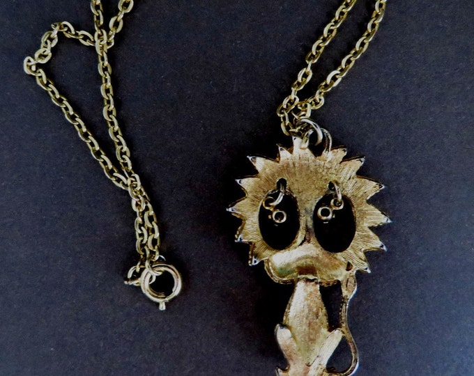 Lion Pendant, Vintage Gold Tone Lion with Rhinestone Eyes Necklace