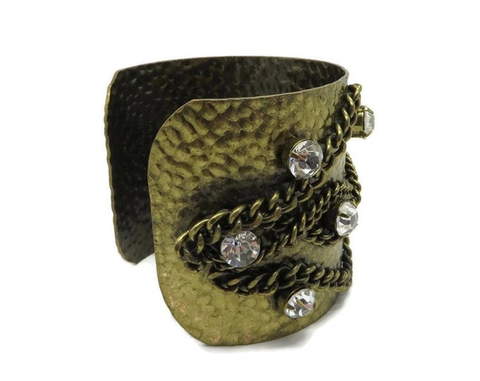 Vintage Hammered Cuff, Chain Front, Rhinestone Studded Bracelet