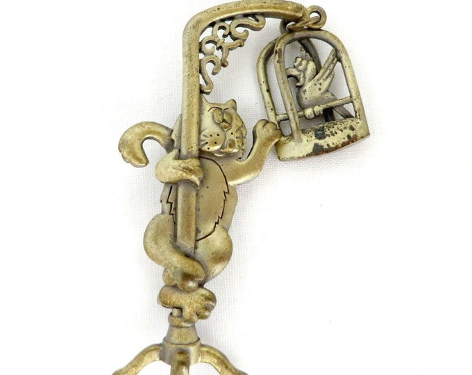 JJ Cat and Birdcage Brooch, Vintage Gold Tone Figural Brooch, Swinging Birdcage Pin