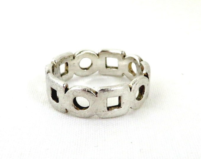 Vintage Sterling Silver Circles Squares Ring, Openwork Ring, Size 8