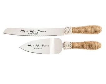 Rustic Chic Country Wedding - Black Engraved Wedding Cake Knife and Serving Set - Jute Twine Wrapped Handle