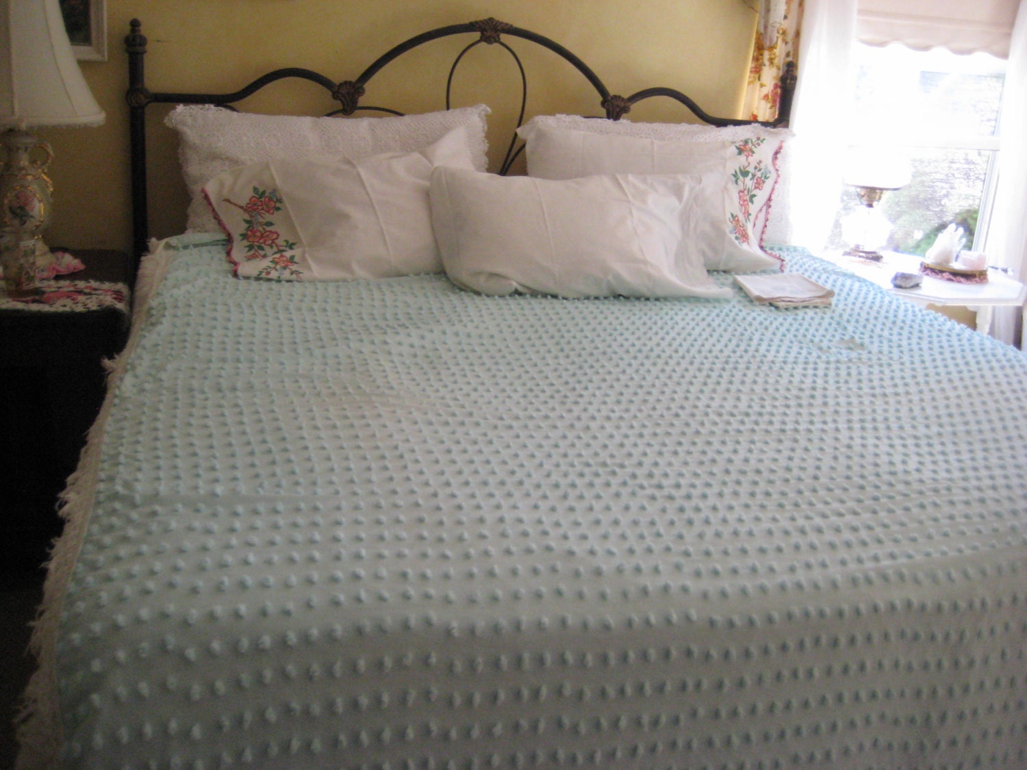 reserved Mint green popcorn chenille bedspread single