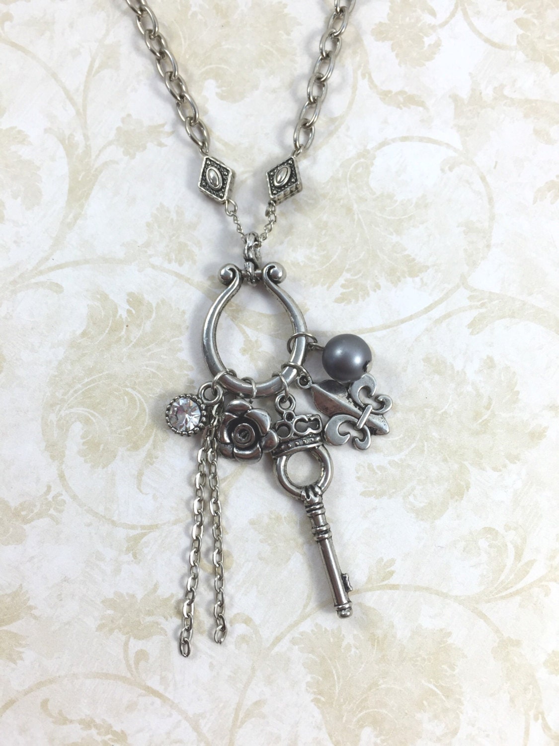 Long Silver Chain Necklace with Random Silver Charm Pendant